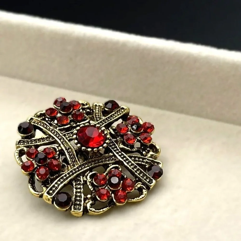 Yellow Gold with Ruby Red and Garnet Red Crystal Flower Pin Back Brooch